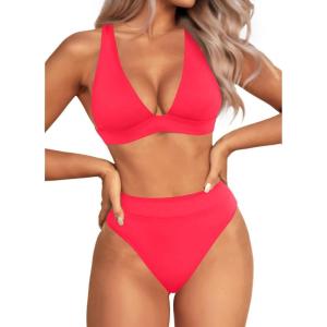 imageYonique Thong Bikini Set High Waisted Two Piece Swimsuit High Cut Bikini V Neck Bathing SuitRed