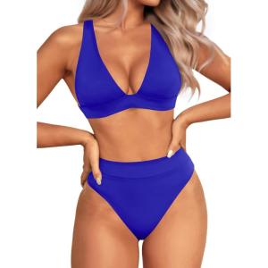 imageYonique Thong Bikini Set High Waisted Two Piece Swimsuit High Cut Bikini V Neck Bathing SuitRoyal Blue