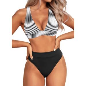 imageYonique Thong Bikini Set High Waisted Two Piece Swimsuit High Cut Bikini V Neck Bathing SuitStriped