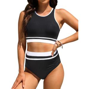 imageYonique Women Sport Bikini Set for Teen Juniors Two Piece Swimsuit High Waisted Bathing SuitBlack Colorblock