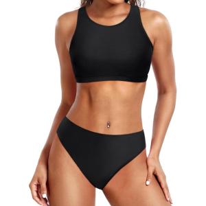 imageYonique Women Sport Bikini Set for Teen Juniors Two Piece Swimsuit High Waisted Bathing SuitSolid Black