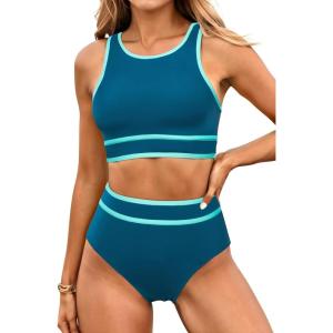imageYonique Women Sport Bikini Set for Teen Juniors Two Piece Swimsuit High Waisted Bathing SuitTeal Colorblock