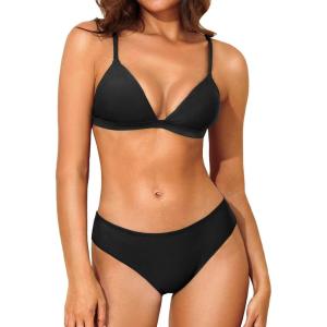 imageYonique Women Two Piece Triangle Bikini Set Bathing Suit Sexy Swimsuit Full Coverage BottomSolid Black