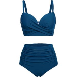 imageYonique Women Underwire Bikini Set High Waisted Tummy Control Swimsuit 2 Piece Push Up Bathing SuitDark Green