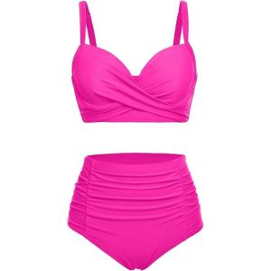 imageYonique Women Underwire Bikini Set High Waisted Tummy Control Swimsuit 2 Piece Push Up Bathing SuitHot Pink