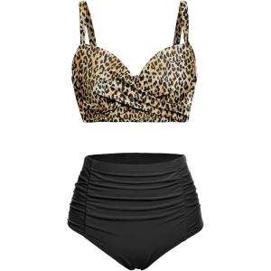 imageYonique Women Underwire Bikini Set High Waisted Tummy Control Swimsuit 2 Piece Push Up Bathing SuitLeopard