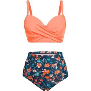 imageYonique Women Underwire Bikini Set High Waisted Tummy Control Swimsuit 2 Piece Push Up Bathing SuitOrange Flowers
