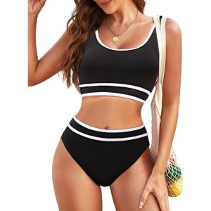 imageYonique Womens High Waisted Bikini Sets Color Block Swimsuit Two Piece Sporty Bathing Suit Black L