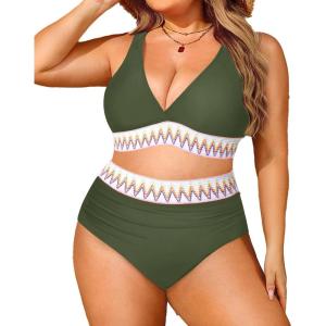 imageYonique Womens Plus Size Two Piece Bikini High Waisted Bathing Suit Tummy Control SwimsuitArmy Green