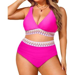 imageYonique Womens Plus Size Two Piece Bikini High Waisted Bathing Suit Tummy Control SwimsuitPink