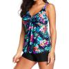 imageYonique Women 2 Piece Flowy Tankini Swimsuits with Boyshorts V Neck Swim Tank Tops Bathing Suits Modest SwimwearBlack Blue Flower