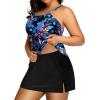 imageYonique Women Two Piece Plus Size Tankini with Skirt Tummy Control Bathing Suits High Neck SwimsuitsBlue Black Floral