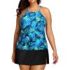 imageYonique Women Two Piece Plus Size Tankini with Skirt Tummy Control Bathing Suits High Neck SwimsuitsBlue Leaf and Black