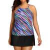 imageYonique Women Two Piece Plus Size Tankini with Skirt Tummy Control Bathing Suits High Neck SwimsuitsColored Diagonal Stripes