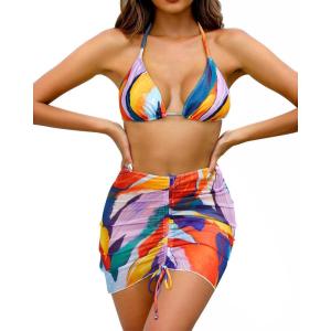 image3 Piece Swimsuits for Women Halter Bikini with Cover Up Cute Swimsuit Set Cheeky Sexy Bathing Suit 2025Color Block