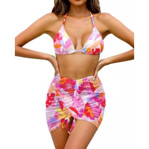 image3 Piece Swimsuits for Women Halter Bikini with Cover Up Cute Swimsuit Set Cheeky Sexy Bathing Suit 2025Pink