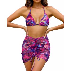 image3 Piece Swimsuits for Women Halter Bikini with Cover Up Cute Swimsuit Set Cheeky Sexy Bathing Suit 2025Purple Red Fluid Print