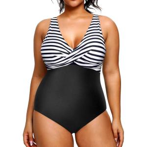 imageYonique Plus Size Swimsuit One Piece Bathing Suits for Women Tummy Control Slimming SwimwearBlack  White Stripe