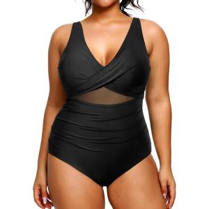 imageYonique Plus Size Swimsuit One Piece Bathing Suits for Women Tummy Control Slimming SwimwearBlack Mesh