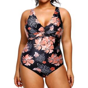 imageYonique Plus Size Swimsuit One Piece Bathing Suits for Women Tummy Control Slimming SwimwearBlack Orange Floral
