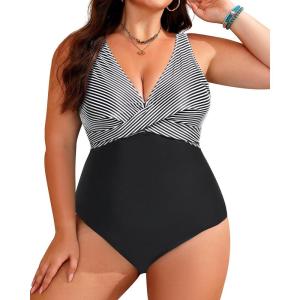 imageYonique Plus Size Swimsuit One Piece Bathing Suits for Women Tummy Control Slimming SwimwearBlack Stripes