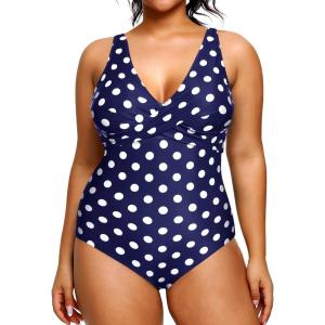 imageYonique Plus Size Swimsuit One Piece Bathing Suits for Women Tummy Control Slimming SwimwearBlue and White Dot