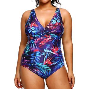 imageYonique Plus Size Swimsuit One Piece Bathing Suits for Women Tummy Control Slimming SwimwearPurple Leaves1