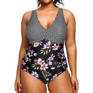 imageYonique Plus Size Swimsuit One Piece Bathing Suits for Women Tummy Control Slimming SwimwearStripe Floral