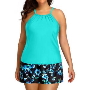 imageYonique Women Two Piece Plus Size Tankini with Skirt Tummy Control Bathing Suits High Neck SwimsuitsAqua and Blue Flower