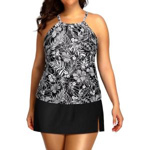 imageYonique Women Two Piece Plus Size Tankini with Skirt Tummy Control Bathing Suits High Neck SwimsuitsBlack Flower