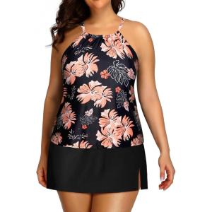 imageYonique Women Two Piece Plus Size Tankini with Skirt Tummy Control Bathing Suits High Neck SwimsuitsBlack Orange Floral