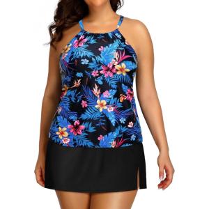 imageYonique Women Two Piece Plus Size Tankini with Skirt Tummy Control Bathing Suits High Neck SwimsuitsBlue Black Floral