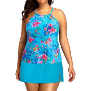 imageYonique Women Two Piece Plus Size Tankini with Skirt Tummy Control Bathing Suits High Neck SwimsuitsBlue Floral