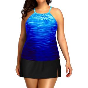 imageYonique Women Two Piece Plus Size Tankini with Skirt Tummy Control Bathing Suits High Neck SwimsuitsBlue Gradient