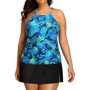 imageYonique Women Two Piece Plus Size Tankini with Skirt Tummy Control Bathing Suits High Neck SwimsuitsBlue Leaf and Black