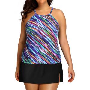 imageYonique Women Two Piece Plus Size Tankini with Skirt Tummy Control Bathing Suits High Neck SwimsuitsColored Diagonal Stripes