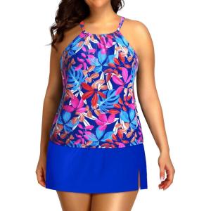 imageYonique Women Two Piece Plus Size Tankini with Skirt Tummy Control Bathing Suits High Neck SwimsuitsColorful Leaves