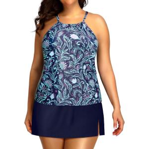 imageYonique Women Two Piece Plus Size Tankini with Skirt Tummy Control Bathing Suits High Neck SwimsuitsNavy Blue Floral