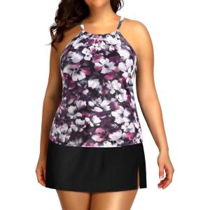 imageYonique Women Two Piece Plus Size Tankini with Skirt Tummy Control Bathing Suits High Neck SwimsuitsPurple Floral