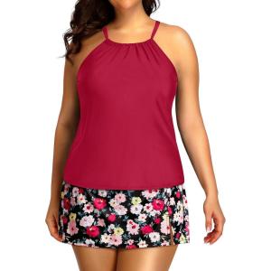 imageYonique Women Two Piece Plus Size Tankini with Skirt Tummy Control Bathing Suits High Neck SwimsuitsRed Flowers