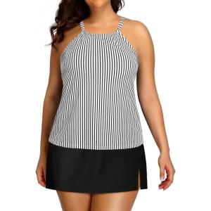imageYonique Women Two Piece Plus Size Tankini with Skirt Tummy Control Bathing Suits High Neck SwimsuitsStripe and Black