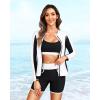 imageWomen 3 Piece Rash Guard  Long Sleeve Swimsuit Built in Bra Swim Shirt Zip Bathing Suit with Pocket ShortsBlack and White