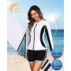 imageWomen 3 Piece Rash Guard  Long Sleeve Swimsuit Built in Bra Swim Shirt Zip Bathing Suit with Pocket ShortsBlack and White
