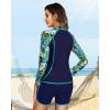 imageWomen 3 Piece Rash Guard  Long Sleeve Swimsuit Built in Bra Swim Shirt Zip Bathing Suit with Pocket ShortsBlue Leaves
