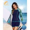 imageWomen 3 Piece Rash Guard  Long Sleeve Swimsuit Built in Bra Swim Shirt Zip Bathing Suit with Pocket ShortsBlue Leaves