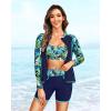 imageWomen 3 Piece Rash Guard  Long Sleeve Swimsuit Built in Bra Swim Shirt Zip Bathing Suit with Pocket ShortsBlue Leaves