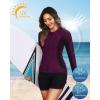 imageWomen 3 Piece Rash Guard  Long Sleeve Swimsuit Built in Bra Swim Shirt Zip Bathing Suit with Pocket ShortsPurple Leaf