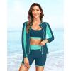 imageWomen 3 Piece Rash Guard  Long Sleeve Swimsuit Built in Bra Swim Shirt Zip Bathing Suit with Pocket ShortsTeal and Green