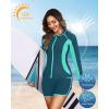 imageWomen 3 Piece Rash Guard  Long Sleeve Swimsuit Built in Bra Swim Shirt Zip Bathing Suit with Pocket ShortsTeal and Green