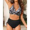 imageWomen High Waisted Bikini Set  Two Piece Swimsuit Tummy Control Bathing Suit Halter Push Up 2025 SwimwearBlack Flower